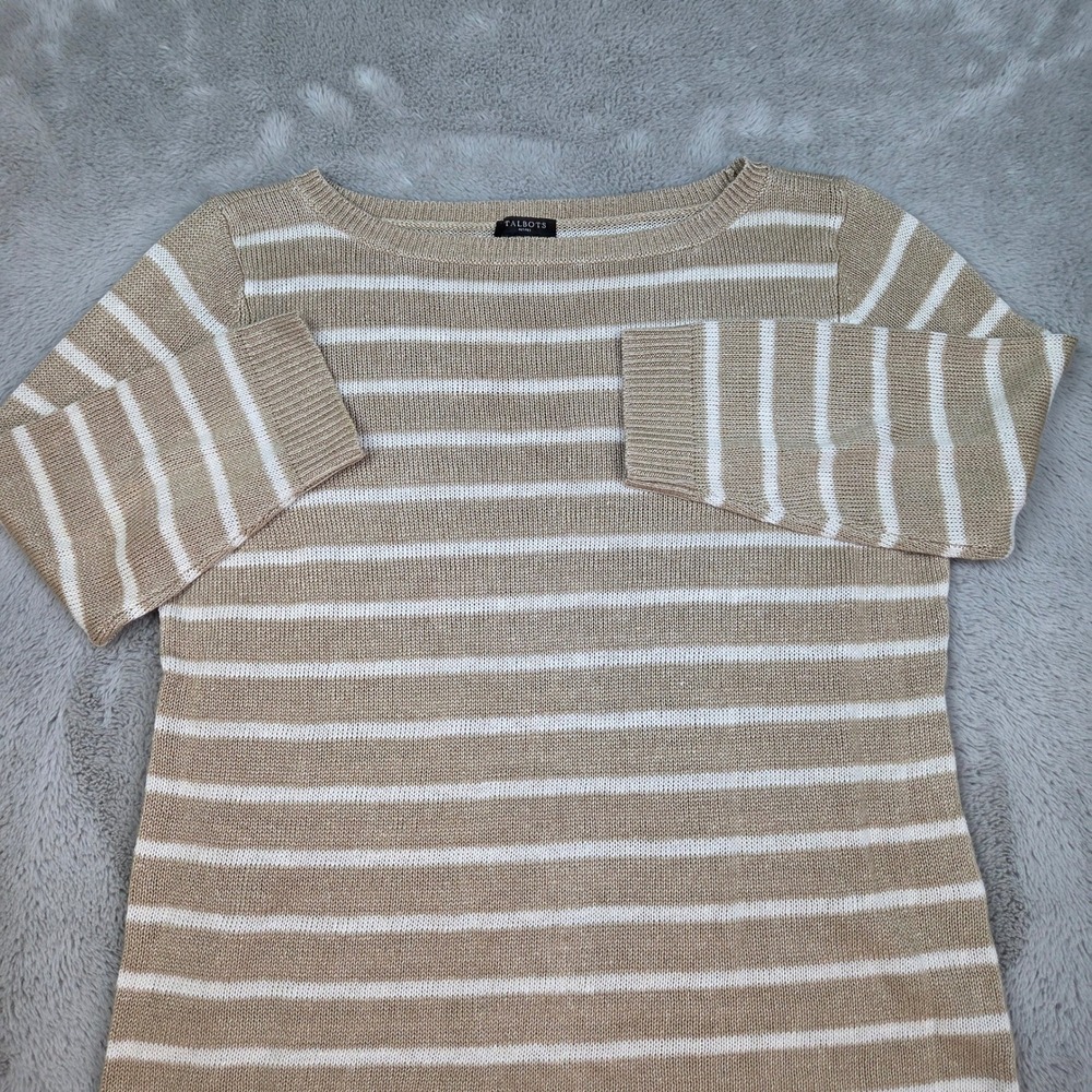 Talbots Linen Striped Sweater Womens MP 3/4 Sleeve Boat Neck Knit Tan White
